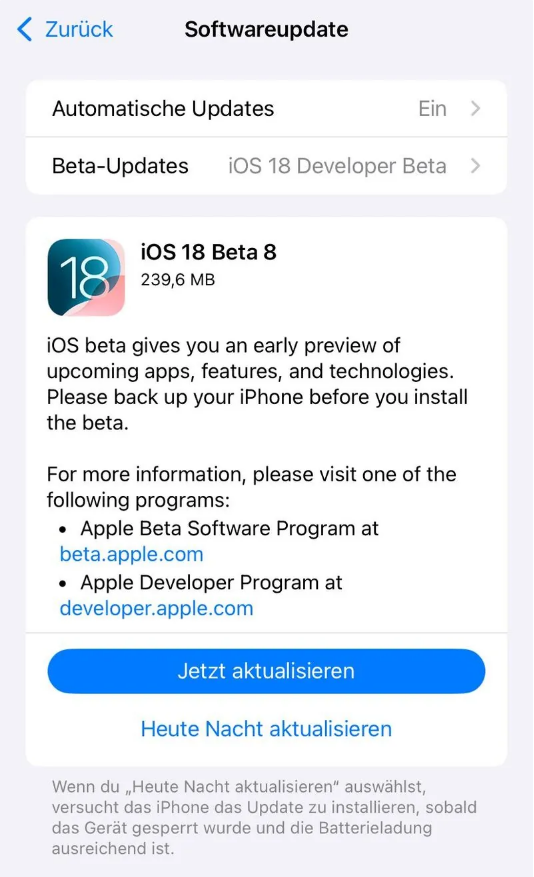 宛城苹果手机维修分享苹果 iOS / iPadOS 18 开发者预览版 Beta 8 发布 